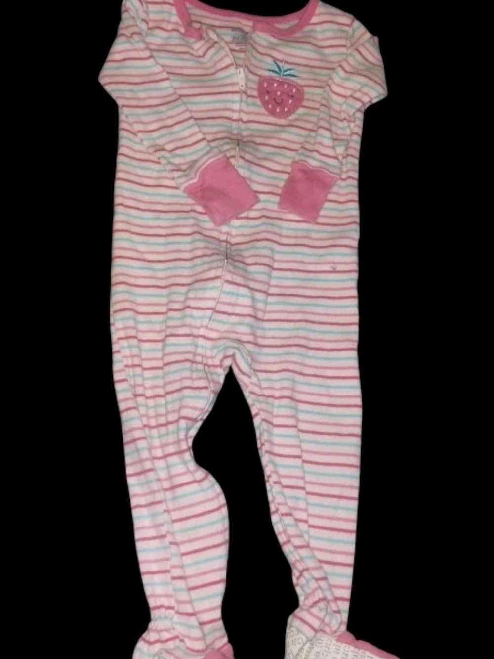 Absorba Pink Striped Footed One-Piece with Strawberry Appliqué